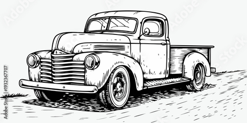 Retro Classic Pickup Truck Vector Line Art Illustration Vintage Farm Vehicle Sketch