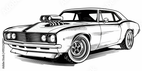 Classic American Muscle Car with Supercharger Engine Vector Line Art Illustration