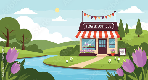 Charming flower boutique nestled in a scenic countryside landscape with a winding river, lush green hills, and vibrant purple tulips.