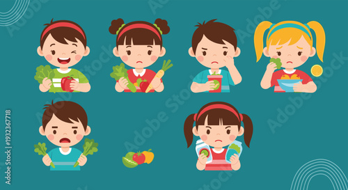 Diverse children showing different facial expressions and emotional reactions while holding various healthy vegetables and fresh fruits.