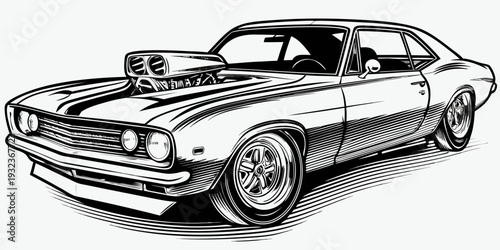 Powerful Custom Muscle Car Vector Line Art Illustration with Blower Engine Intake