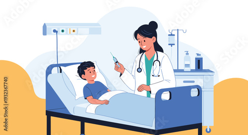 Professional female pediatrician smiling while preparing to give a medical injection or vaccination to a brave young boy in a hospital bed.