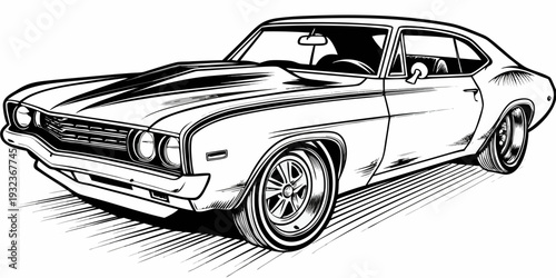 American Muscle Car Line Art Illustration Retro Custom Coupe with Hood Scoop