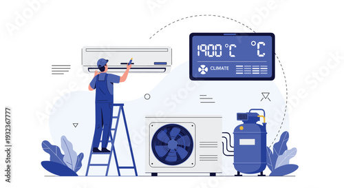 Skilled technician working on a ladder to install or repair a wall-mounted air conditioning unit featuring a digital climate control display.