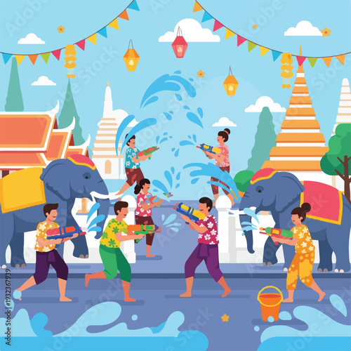A festive illustration of people playing with water guns on a city street