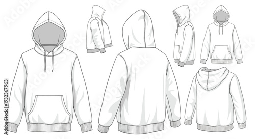 Professional technical fashion sketches of a blank white hoodie shown from front, back, side, and three-quarter views for design templates.