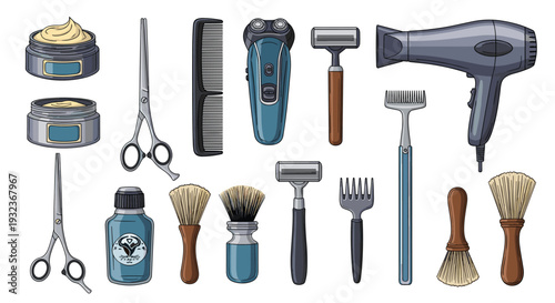 Collection of professional barber tools including scissors, combs, electric shavers, razors, hair dryers, and shaving brushes for men.