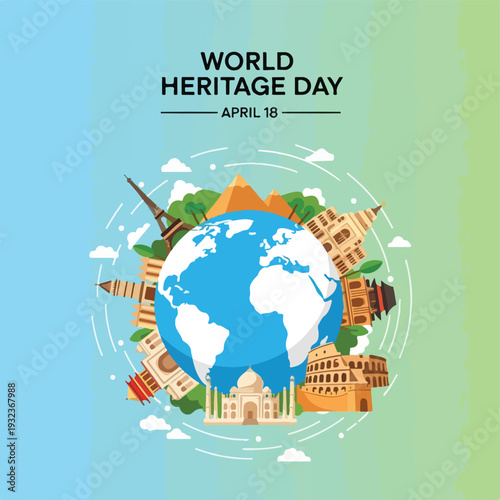 A globe surrounded by famous world landmarks, celebrating Heritage Day