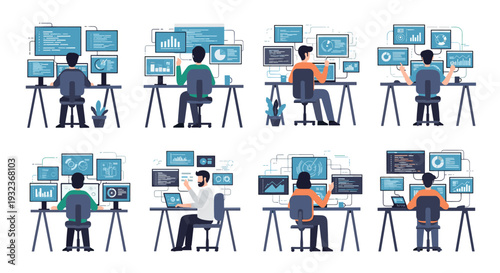 Collection of professional software developers and data analysts working at multi-monitor computer desks with code and charts.