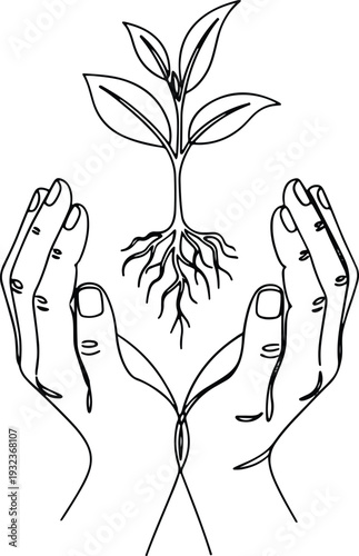 Minimalist continuous line art illustration depicting human hands gently cradling a young sapling with visible roots, symbolizing growth, nurture, and environmental care for a sustainable future
