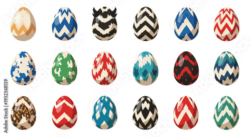 Beautiful collection of colorful easter eggs featuring various decorative patterns like zigzags, dots, and animal prints for spring.