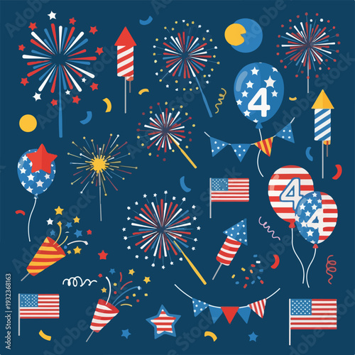 A festive, illustrative flat design image of various patriotic celebrations