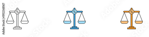 Scales of justice icon set. Legal balance symbol for tax law, financial regulation, and judicial equity design. Vector Illustration.