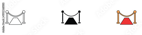 Red carpet and velvet rope barrier icon set. VIP entrance symbol for luxury events, awards ceremonies, and celebrity gala design. Vector Illustration.
