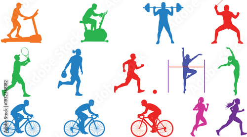 Sports and Fitness Silhouette Set with Athletes Running, Cycling, Weightlifting, Playing Tennis, and Gym Workout Activity Icons