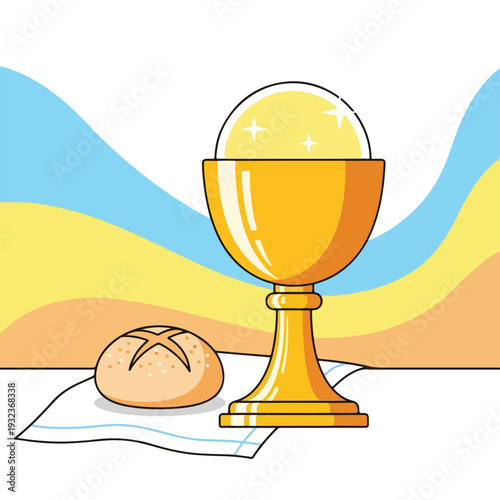 A golden chalice with a golden orb, loaf of bread, and cloth