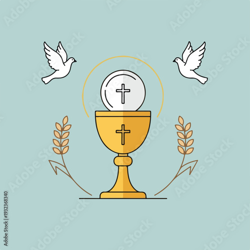 A golden chalice, host, doves, and wheat elements on a serene backdrop