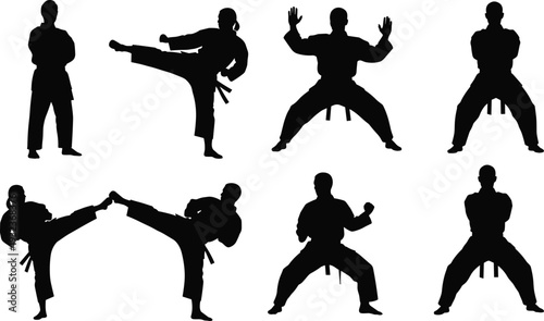 Collection of seven martial artist silhouettes in dynamic stances, showcasing high kicks, defensive poses, and expressive combat movements for creative design and educational projects.