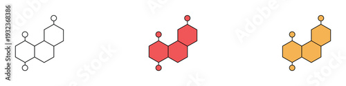 Steroid hormone chemical structure icon set. Hexagonal molecular formula symbol for testosterone, estrogen, and biochemistry research design. Vector Illustration.