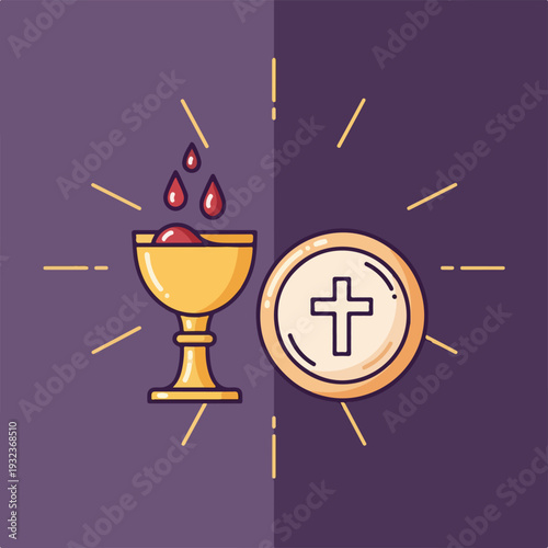 A golden chalice with drops and a wafer with a cross on a purple background