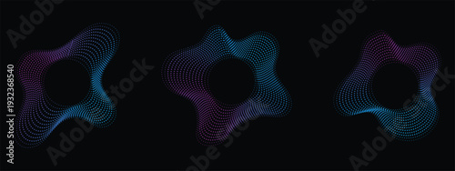 Abstract purple and blue dotted wave frame set. Glowing halftone particle ring on black background for digital music, sound, and tech logo design.