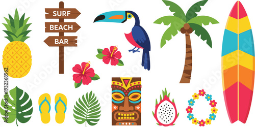 Tropical Beach Illustration Set with Toucan Bird, Surfboard, Tiki Mask, Dragon Fruit, Hibiscus Flowers, and Palm Tree Icons