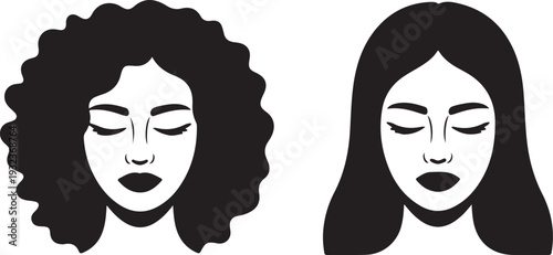 Beautiful woman and black African American woman face with afro and long straight hair vector illustration