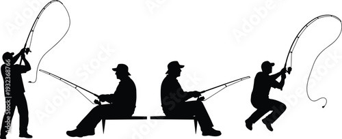 Silhouette vector of four people fishing, showing seated anglers with rods and standing figures casting lines, outdoor sport design of leisure activity.
