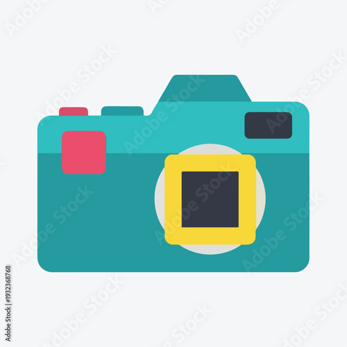 A flat-design illustration of a simple, turquoise, front-facing camera