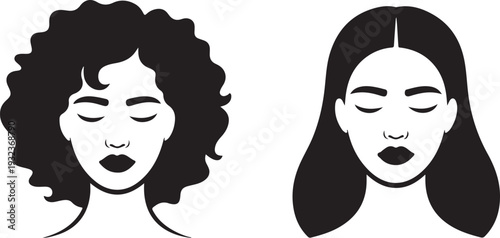 Beautiful woman and black African American woman face with afro and long straight hair vector illustration