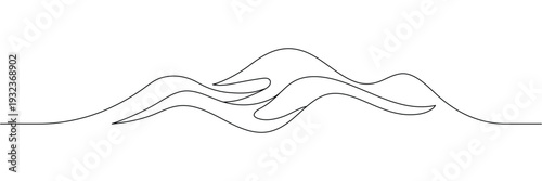 Minimalist continuous one line drawing of mountain peaks and rolling hills in simple landscape style. Editable stroke outline. Single contour art. Doodle hand drawn vector illustration