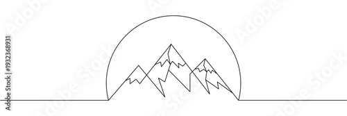 Minimalist continuous one line drawing of mountain peaks inside a sun circle on a horizon line. Editable stroke outline. Single contour art. Doodle hand drawn vector illustration
