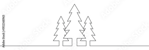 Continuous one line drawing of three pine trees representing a forest in a minimalist style. Editable stroke outline. Draw thin linear width. Single contour art. Doodle hand drawn vector illustration