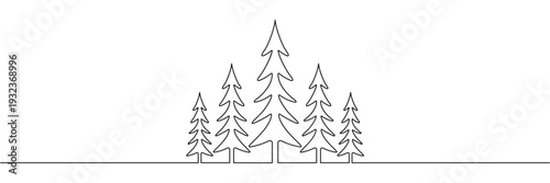 Minimalist continuous one line drawing of five pine trees forming a simple forest landscape winter. Editable stroke outline. Single contour art. Doodle hand drawn vector illustration