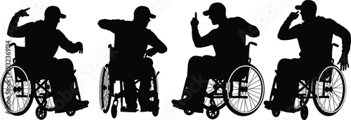 Wheelchair silhouette vector illustration of expressive poses, inclusive design artwork, disabled performers, dynamic movement concept, accessibility lifestyle diversity empowerment artwork
