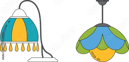 Colorful vintage hanging and table lamp illustration with retro decorative lighting design isolated on white background vector