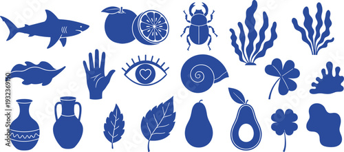 Blue Silhouette Illustration Set with Shark, Avocado, Clover Leaf, Seashell, Orange, Heart Eye, and Greek Vase Icons for Graphic Design