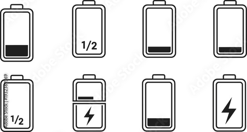 Battery icon silhouette vector illustration set, charging and power levels artwork, energy design concept, technology lifestyle symbol, electricity status artwork
