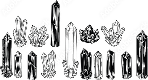 Black and white vector illustration of diverse crystal formations with geometric facets, mineral clusters, gemstone prisms, and intricate line art design