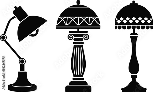 Vintage and modern table lamp silhouettes set, decorative desk and classic lighting fixtures vector illustration isolated