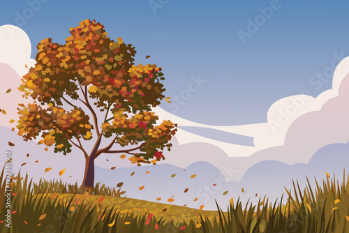 Autumn tree with falling leaves against a cloudy sky grassy field