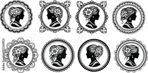 Black and white vector illustration of ornate cameo portraits featuring elegant woman profiles in decorative frames, vintage art design for crafts