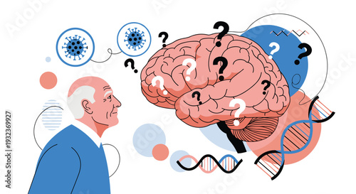 Elderly man looking at a human brain surrounded by question marks, virus icons, and dna strands symbolizing memory loss or dementia.