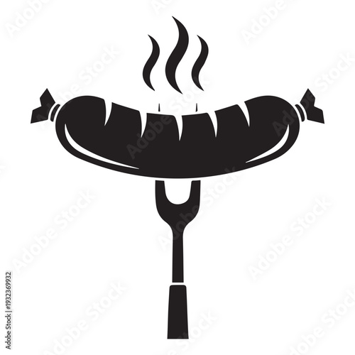 Grilled hot sausage on fork Barbecue logo icon Silhouette vector black design on a white background