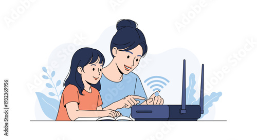 Mother and daughter sitting together while setting up a wireless internet router with a clear wifi signal icon.
