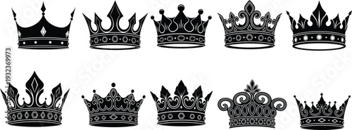 Black crown silhouette vector icons set with royal headwear designs, monarchy symbols, authority emblems, decorative ornamental elements, regal illustration collection