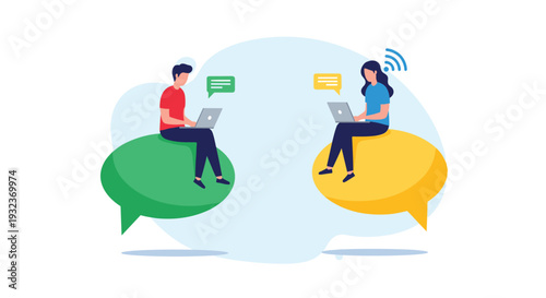 Man and woman communicating remotely while sitting on large speech bubbles and using their laptops with a wireless connection.