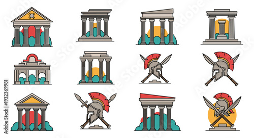 Collection of ancient greek or roman architectural columns and spartan warrior helmets depicted in a stylized flat design.