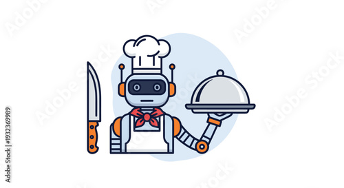 Friendly robot chef wearing a professional hat and apron while holding a serving tray and standing next to a large kitchen knife.