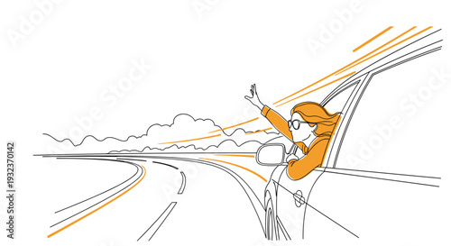 Happy woman wearing sunglasses and waving her hand while leaning out of a car window on a scenic highway during a road trip.